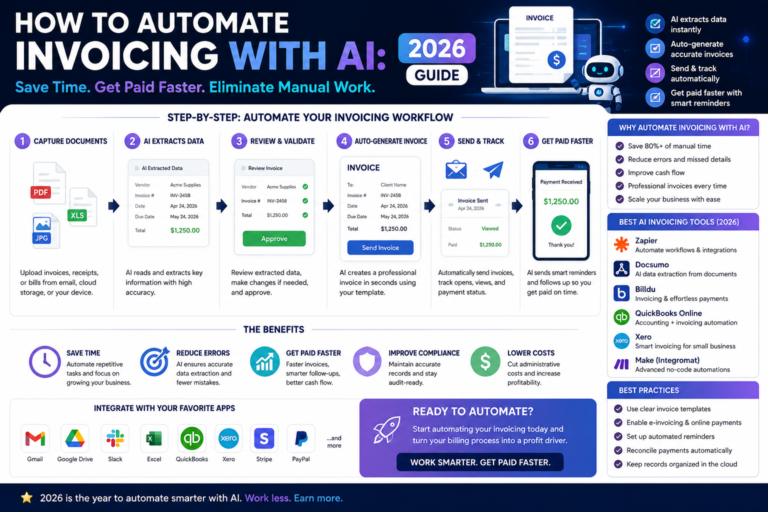 Infographic explaining how to automate invoicing with AI using smart workflows, invoice processing tools, payment tracking, and automation software in 2026.