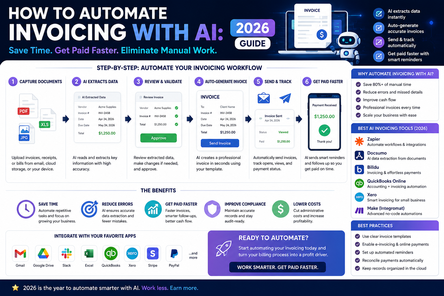 Infographic explaining how to automate invoicing with AI using smart workflows, invoice processing tools, payment tracking, and automation software in 2026.